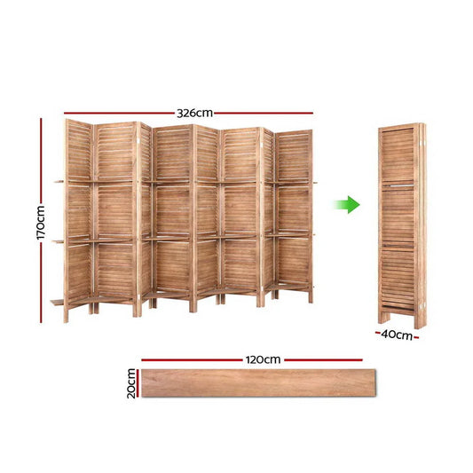 Artiss 8 Panel Room Divider Screen 326x170cm Shelf Oak - Mekamart Australia