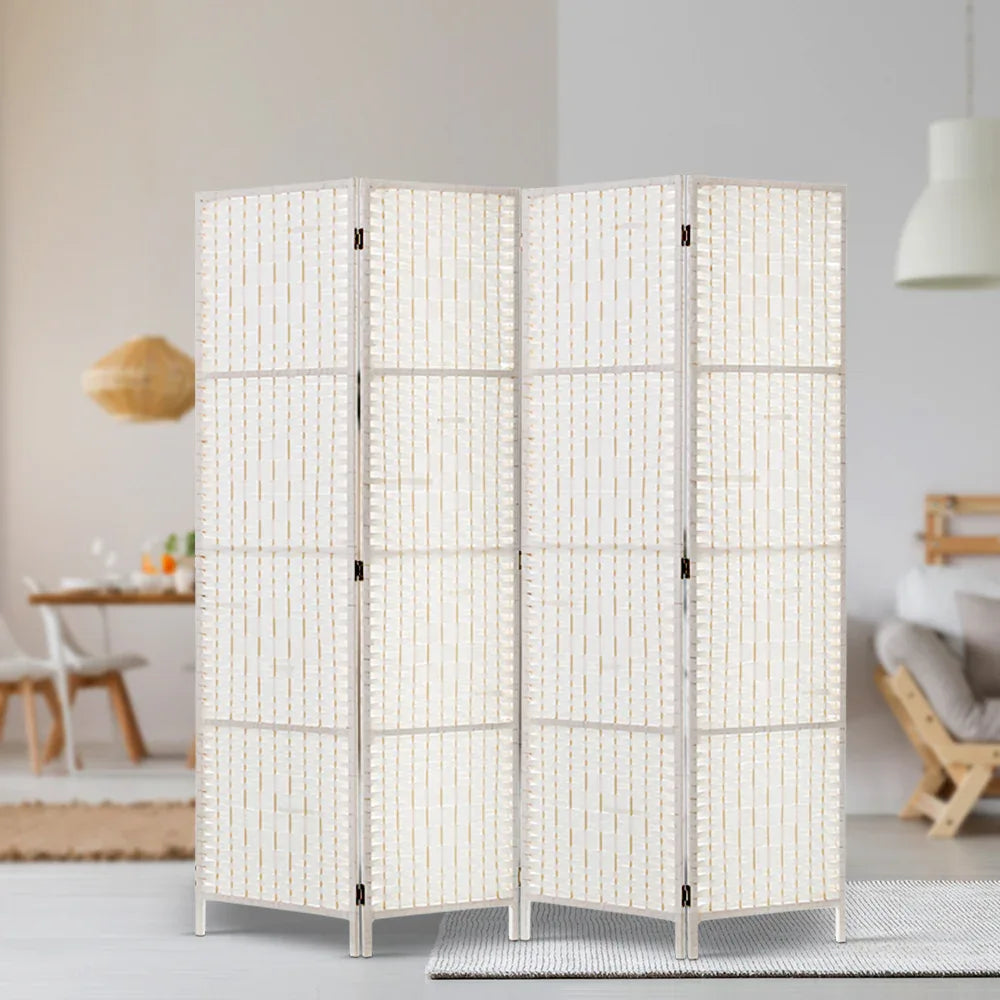 Artiss 4 Panel Room Divider Screen 163x170cm Woven White - Mekamart Australia