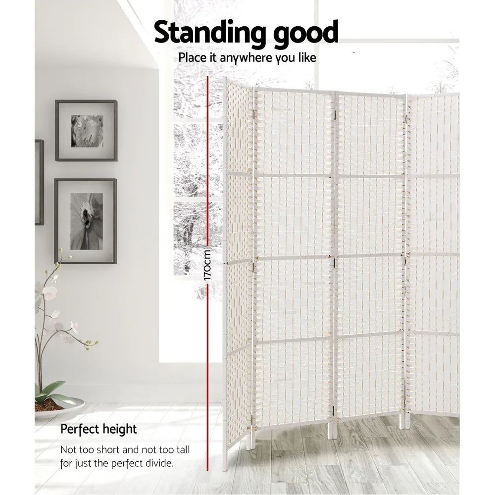 Artiss 4 Panel Room Divider Screen 163x170cm Woven White - Mekamart Australia