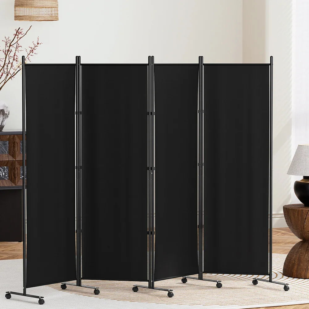 Artiss 4 Panel Room Divider Screen 217cm Wheel Fabric Black - Mekamart Australia