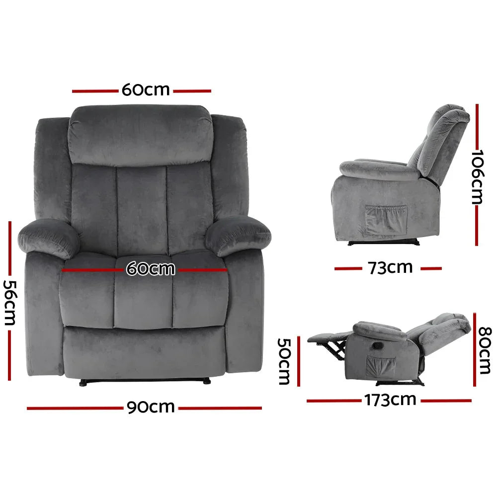 Artiss Recliner Chair Electric Massage Chair Velvet Lounge Sofa Heated Grey - Mekamart Australia