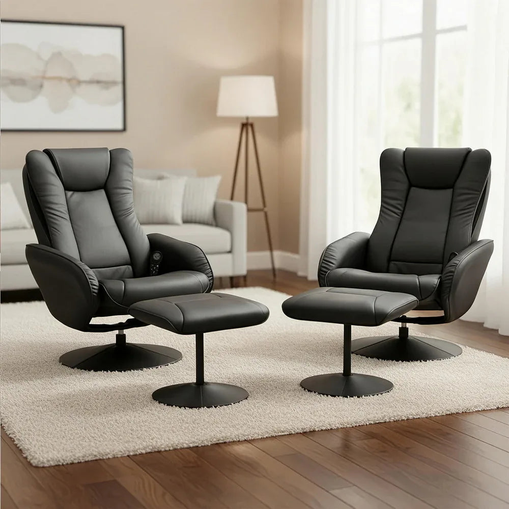 Artiss 2X Recliner Chair Ottoman Heated Massage Black - Mekamart Australia