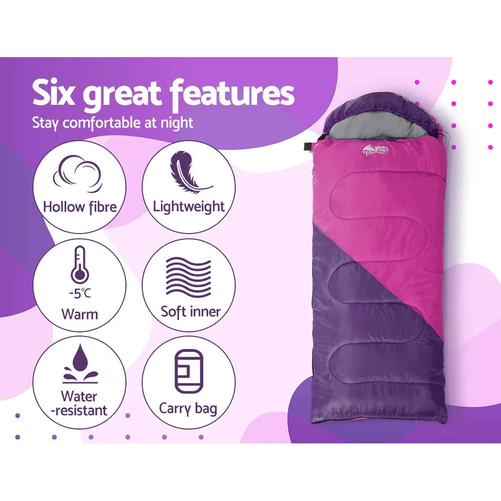 Weisshorn Sleeping Bag Kids Single 172cm Thermal Camping Hiking Pink - Mekamart Australia