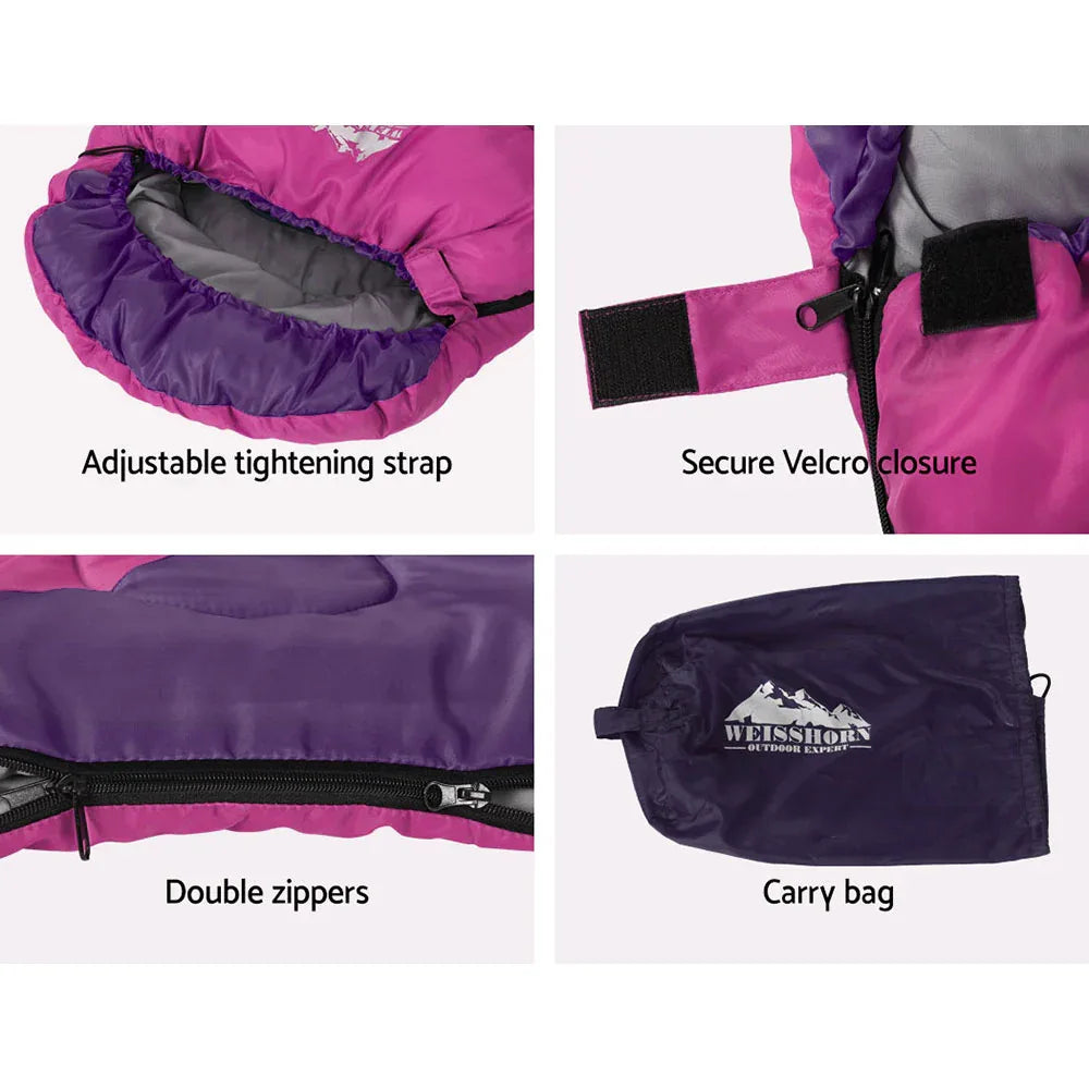 Weisshorn Sleeping Bag Kids Single 172cm Thermal Camping Hiking Pink - Mekamart Australia