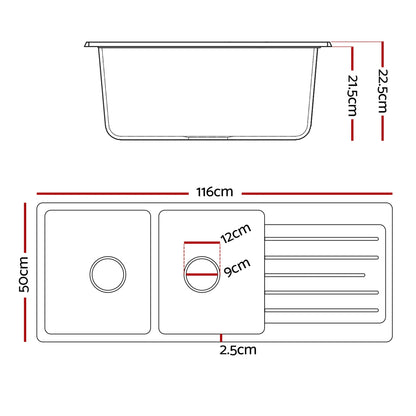 Cefito Kitchen Sink 116x50cm Granite Stone Sink Double Bowl Black - Mekamart Australia