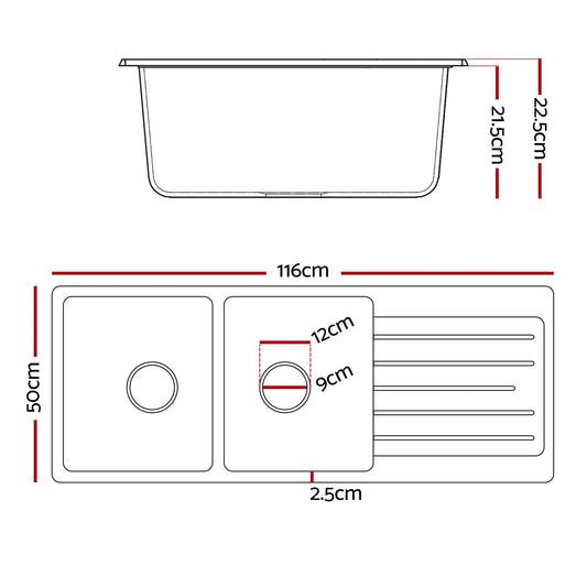 Cefito Kitchen Sink 116x50cm Granite Stone Sink Double Bowl Black - Mekamart Australia