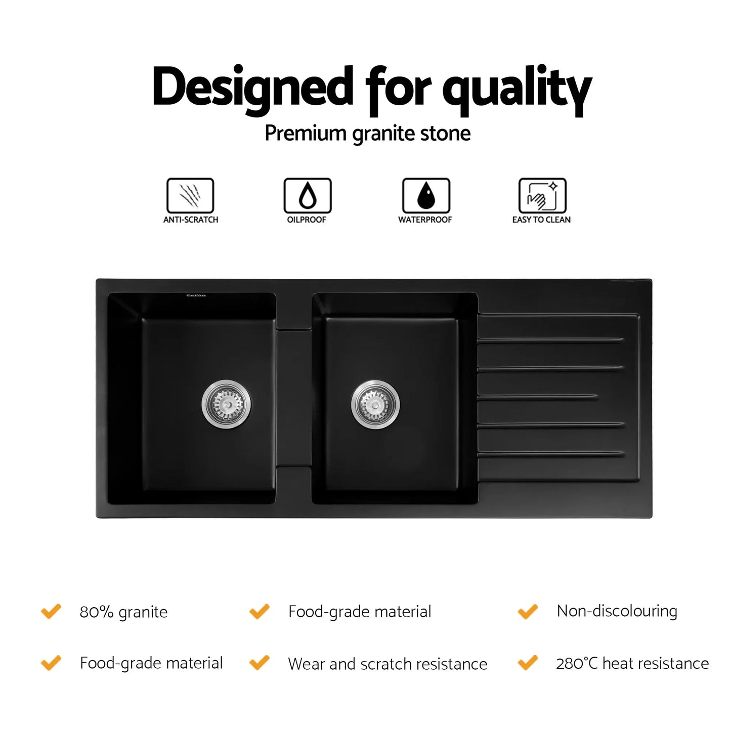 Cefito Kitchen Sink 116x50cm Granite Stone Sink Double Bowl Black - Mekamart Australia