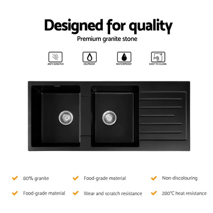 Cefito Kitchen Sink 116x50cm Granite Stone Sink Double Bowl Black - Mekamart Australia