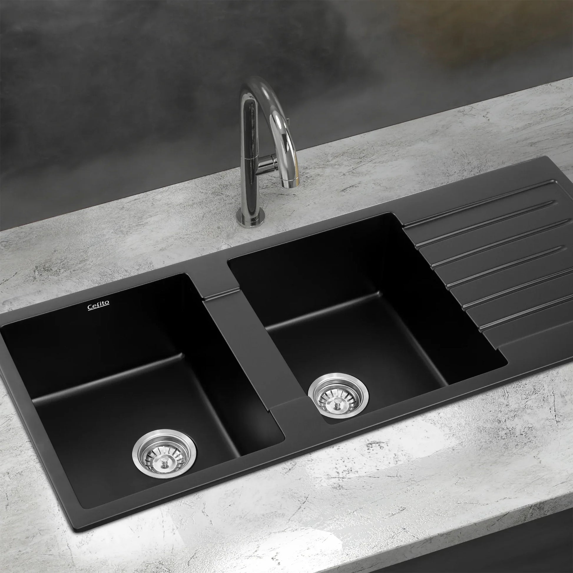 Cefito Kitchen Sink 116x50cm Granite Stone Sink Double Bowl Black - Mekamart Australia
