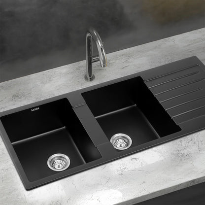 Cefito Kitchen Sink 116x50cm Granite Stone Sink Double Bowl Black - Mekamart Australia