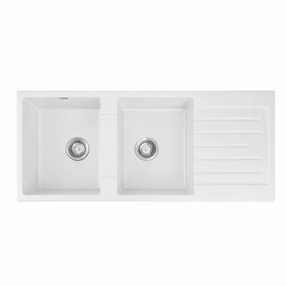 Cefito Kitchen Sink 116x50cm Granite Stone Sink Double Bowl White - Mekamart Australia