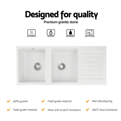 Cefito Kitchen Sink 116x50cm Granite Stone Sink Double Bowl White - Mekamart Australia