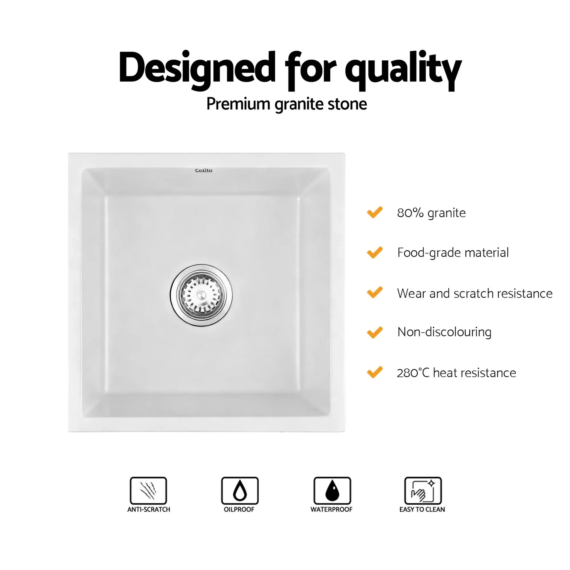Cefito Kitchen Sink 45x45cm Granite Stone Sink Single Bowl White - Mekamart Australia