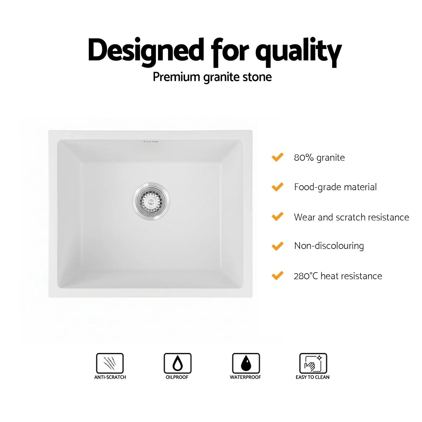 Cefito Kitchen Sink 55x45cm Granite Stone Sink Single Bowl White - Mekamart Australia