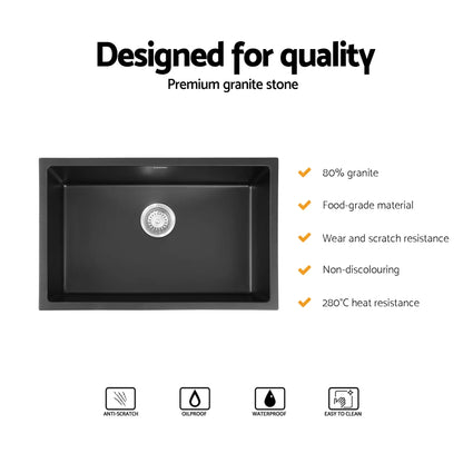 Cefito Kitchen Sink 70x45cm Granite Stone Sink Single Bowl Black - Mekamart Australia
