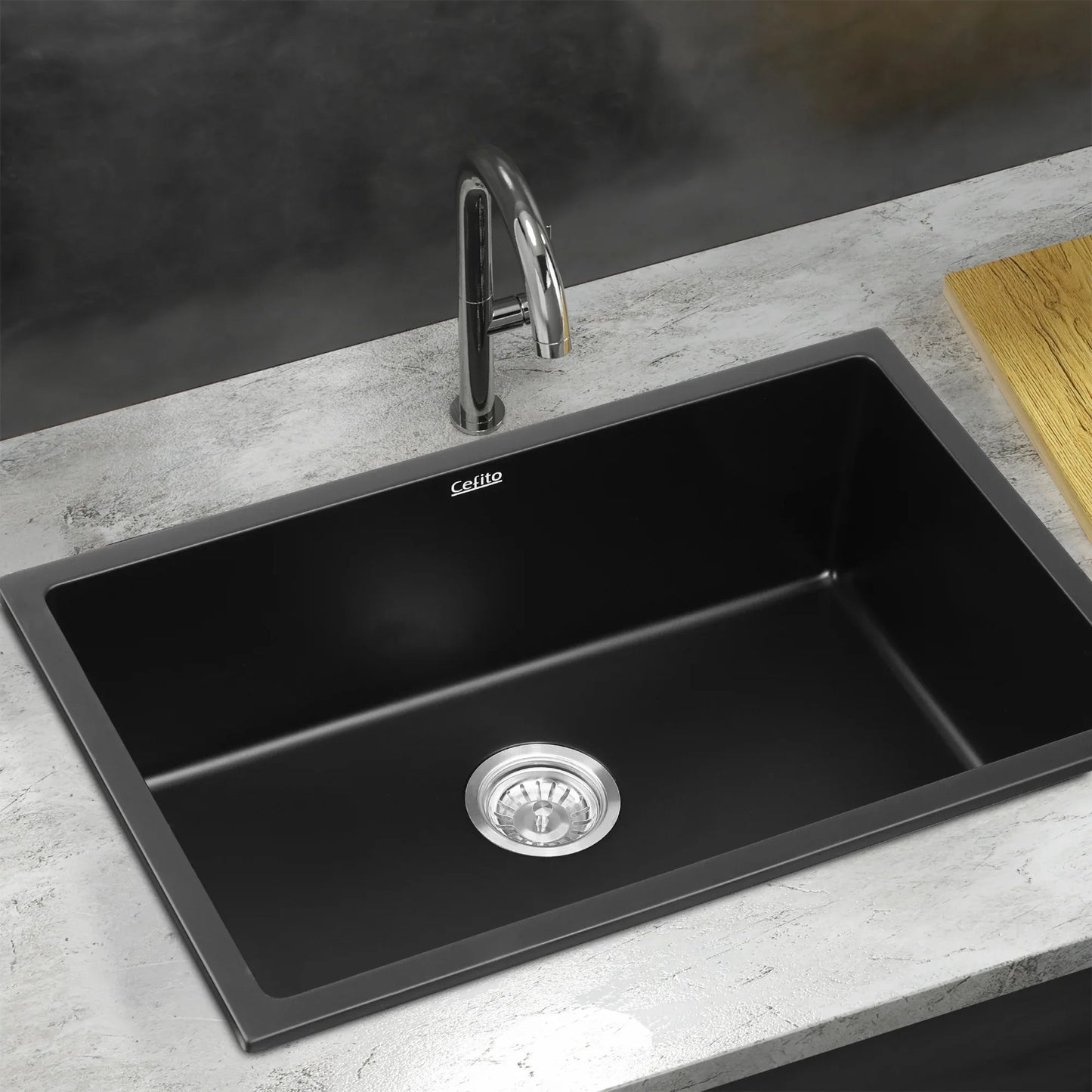 Cefito Kitchen Sink 70x45cm Granite Stone Sink Single Bowl Black - Mekamart Australia