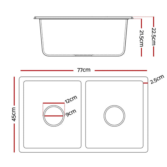 Cefito Kitchen Sink 77x45cm Granite Stone Sink Double Bowl Black - Mekamart Australia