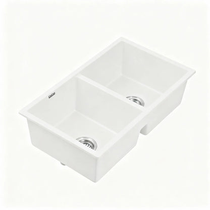 Cefito Kitchen Sink 77x45cm Granite Stone Sink Double Bowl White - Mekamart Australia