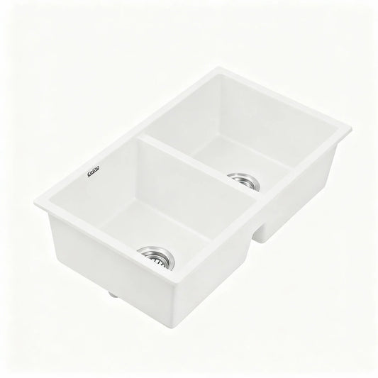 Cefito Kitchen Sink 77x45cm Granite Stone Sink Double Bowl White - Mekamart Australia