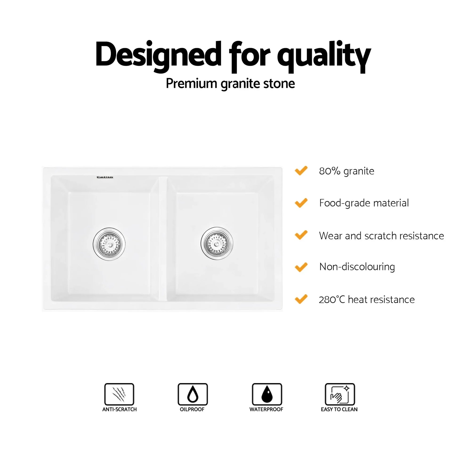 Cefito Kitchen Sink 77x45cm Granite Stone Sink Double Bowl White - Mekamart Australia