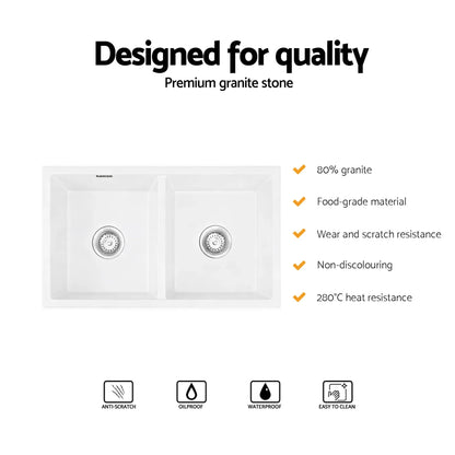 Cefito Kitchen Sink 77x45cm Granite Stone Sink Double Bowl White - Mekamart Australia