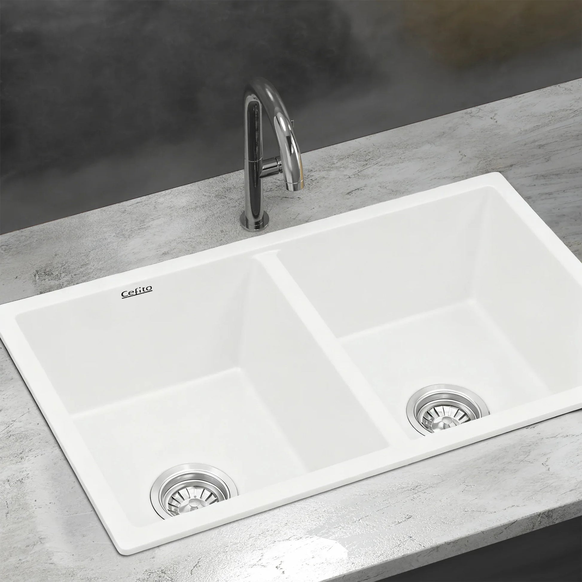 Cefito Kitchen Sink 77x45cm Granite Stone Sink Double Bowl White - Mekamart Australia
