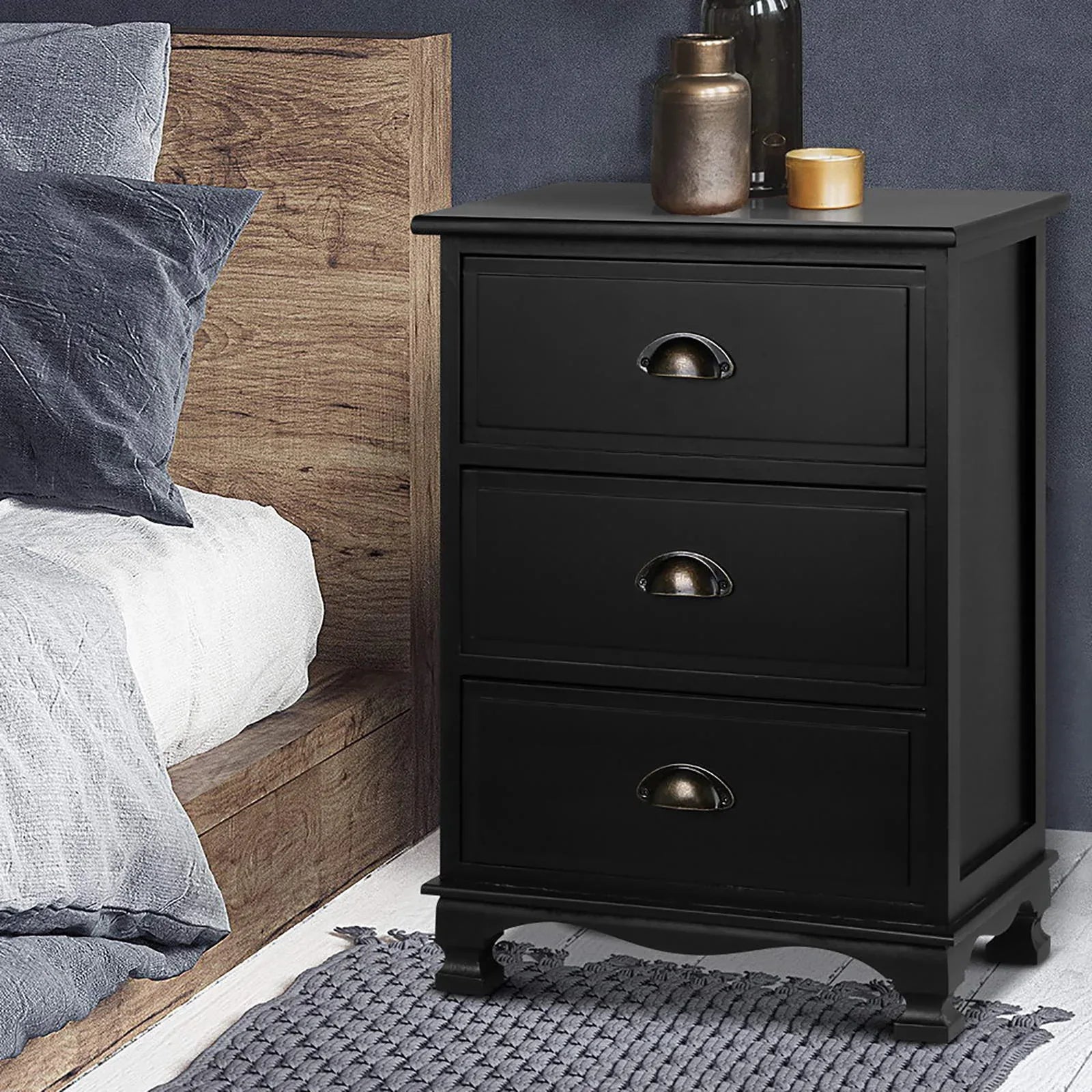 Artiss 2x Bedside Table 3 Drawers Vintage - THYME Black - Mekamart Australia