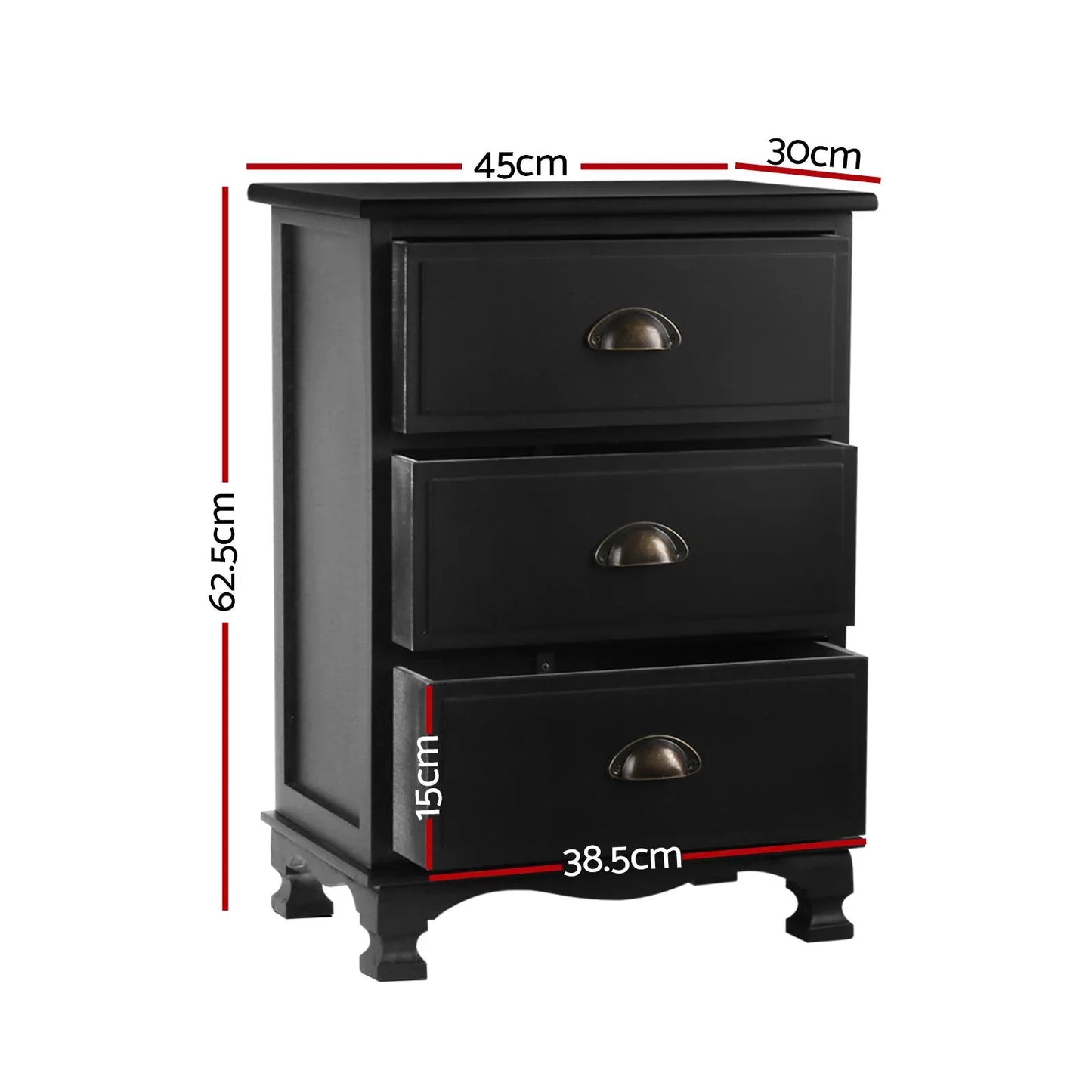 Artiss 2x Bedside Table 3 Drawers Vintage - THYME Black - Mekamart Australia