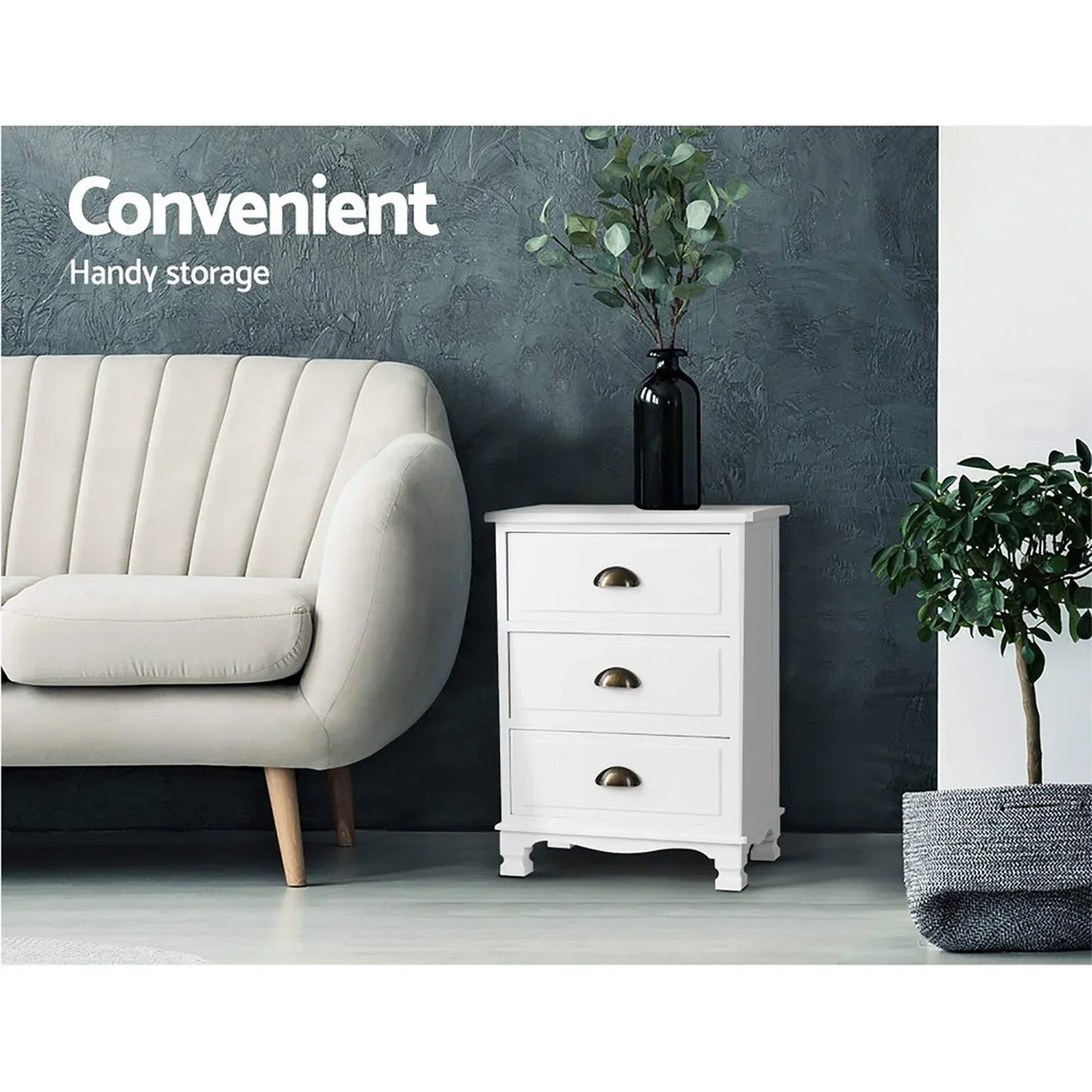 Artiss 2x Bedside Table 3 Drawers Vintage - THYME White - Mekamart Australia