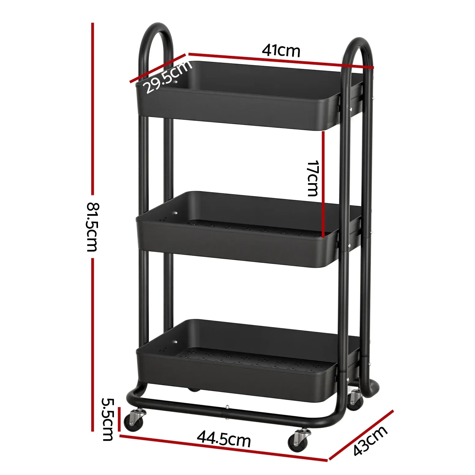Artiss Storage Trolley Kitchen Cart 3 Tiers Rack Shelf Organiser Wheels Black - Mekamart Australia