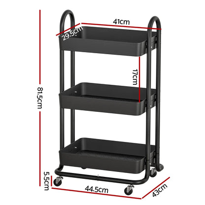 Artiss Storage Trolley Kitchen Cart 3 Tiers Rack Shelf Organiser Wheels Black - Mekamart Australia