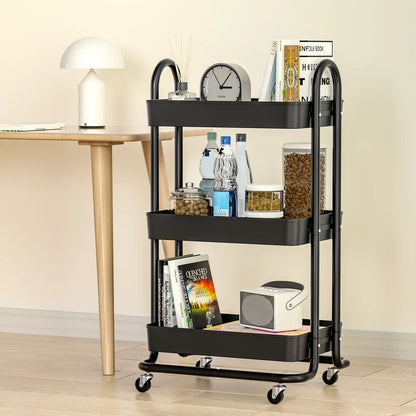 Artiss Storage Trolley Kitchen Cart 3 Tiers Rack Shelf Organiser Wheels Black - Mekamart Australia
