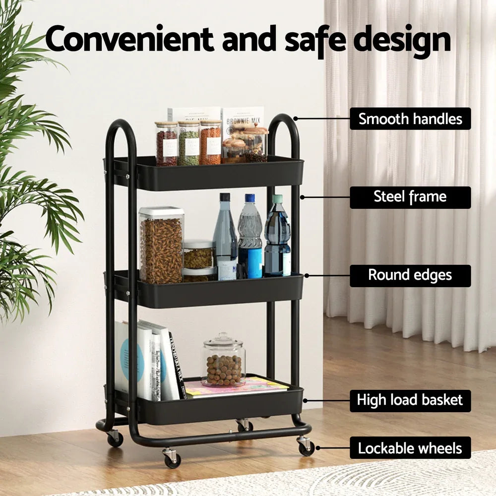 Artiss Storage Trolley Kitchen Cart 3 Tiers Rack Shelf Organiser Wheels Black - Mekamart Australia