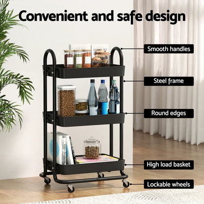 Artiss Storage Trolley Kitchen Cart 3 Tiers Rack Shelf Organiser Wheels Black - Mekamart Australia