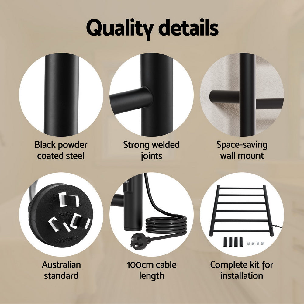 Devanti Heated Towel Rail 6 Round Bars  with Timer Electric Heater Warmer Rack