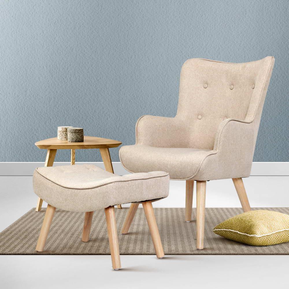 Artiss Armchair Set with Ottoman Beige Lansar - Mekamart Australia