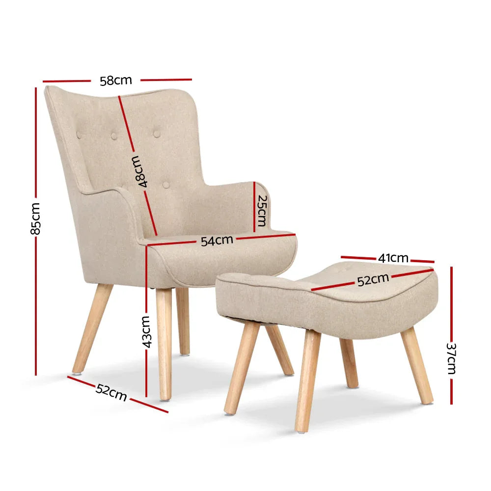 Artiss Armchair Set with Ottoman Beige Lansar - Mekamart Australia
