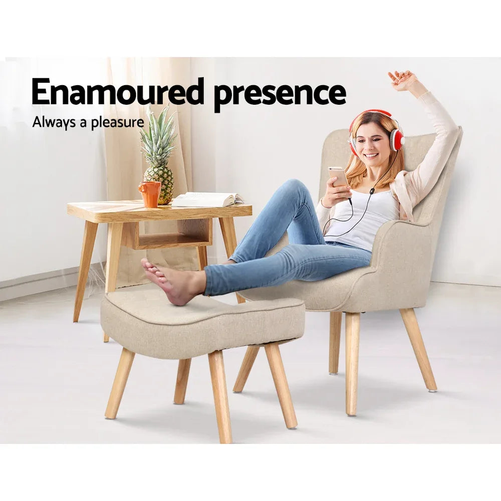 Artiss Armchair Set with Ottoman Beige Lansar - Mekamart Australia