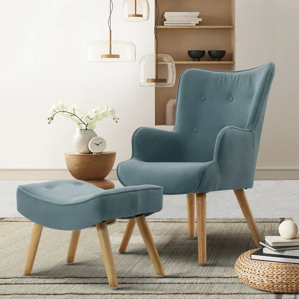 Artiss Armchair Set with Ottoman Blue Lansar - Mekamart Australia