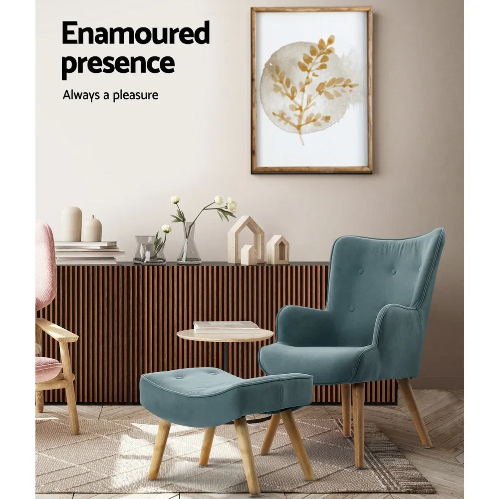 Artiss Armchair Set with Ottoman Blue Lansar - Mekamart Australia