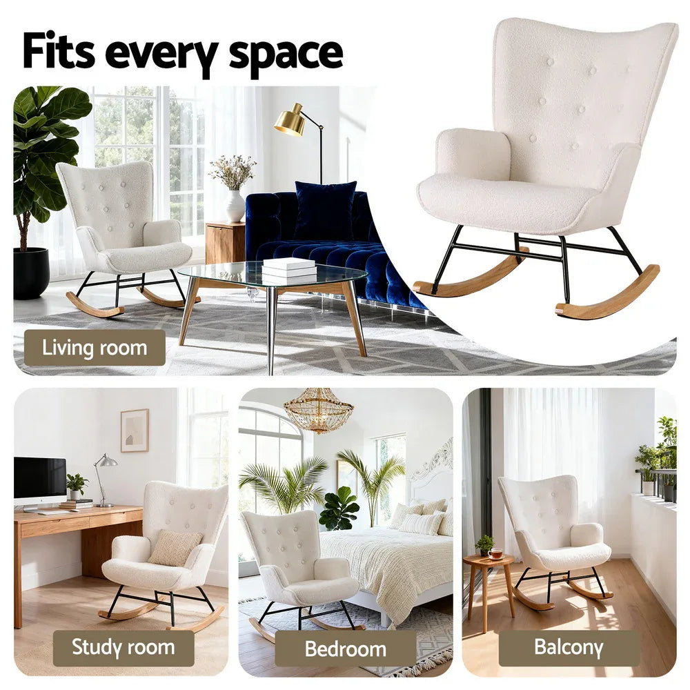 Artiss Rocking Armchair Nursing Chair Boucle Fabric White - Mekamart Australia