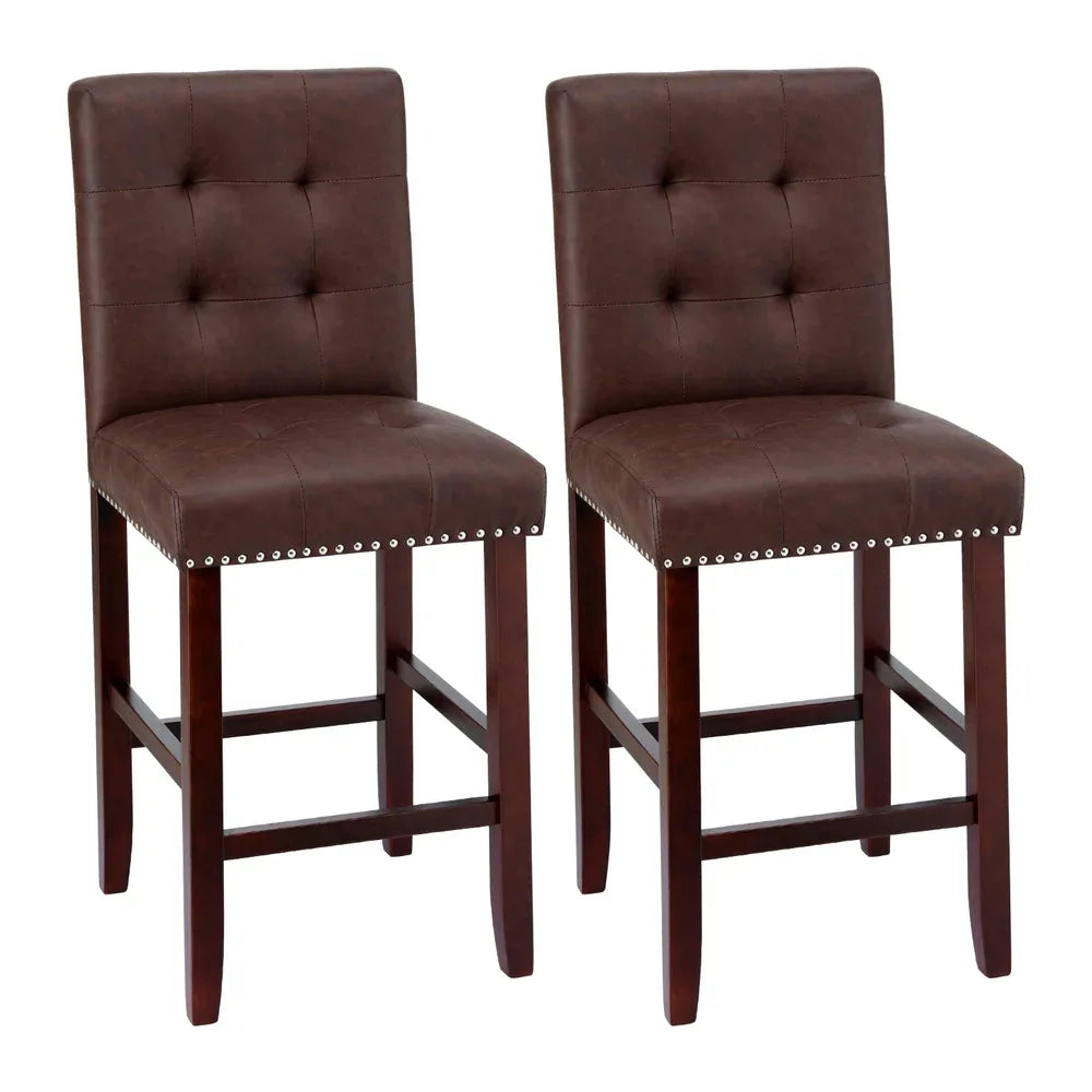 Artiss 2x Bar Stools Kitchen Dining Chairs Counter PU Leather Wooden Ada Brown - Mekamart Australia