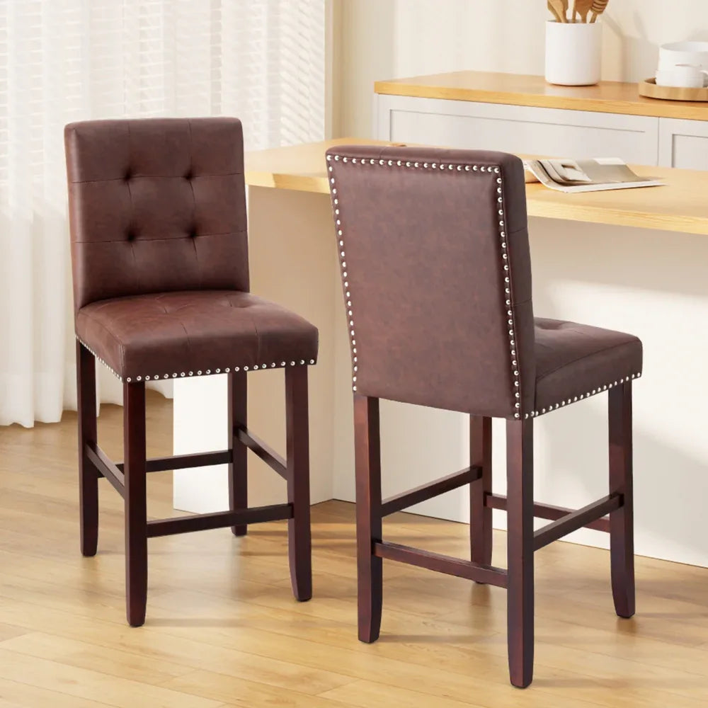 Artiss 2x Bar Stools Kitchen Dining Chairs Counter PU Leather Wooden Ada Brown - Mekamart Australia