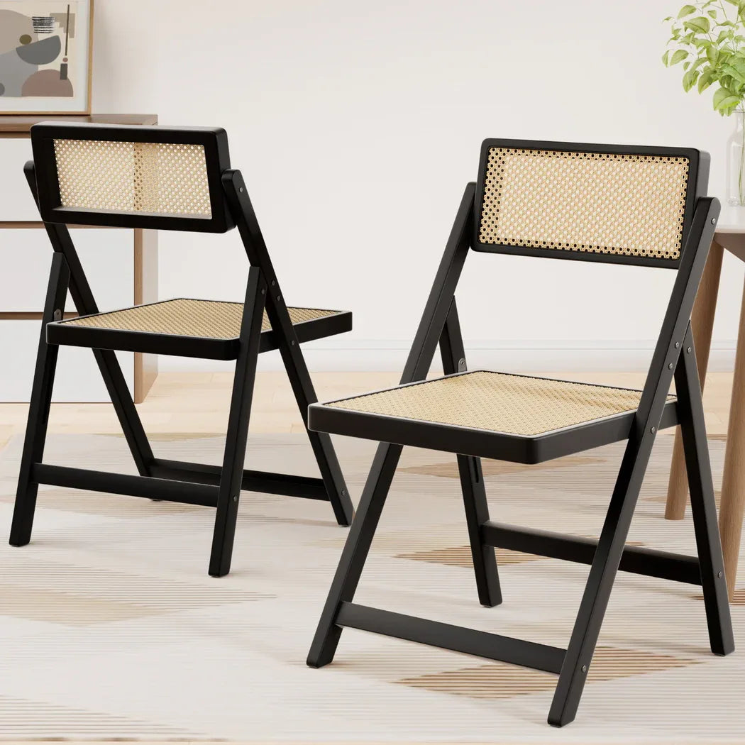 Artiss 2x Dining Chairs Wooden Rattan Foldable Black - Mekamart Australia