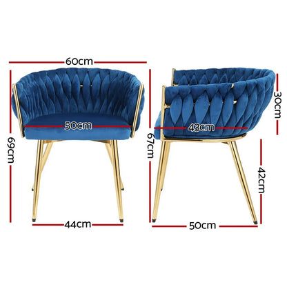 1 Set of 2 Artiss Dining Chairs Velvet Weaving Armchair Blue - Mekamart Australia