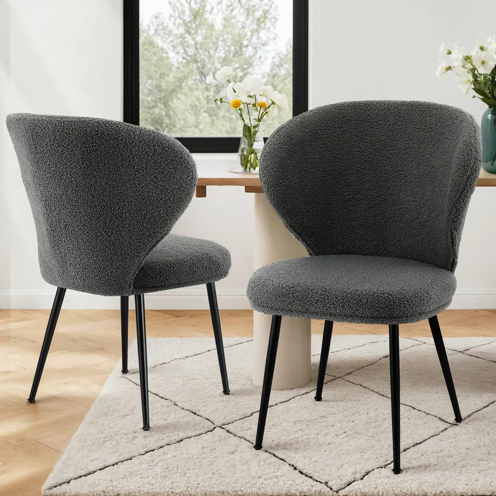 Artiss 2x Dining Chairs Sherpa Boucle Wing Back Grey - Mekamart Australia