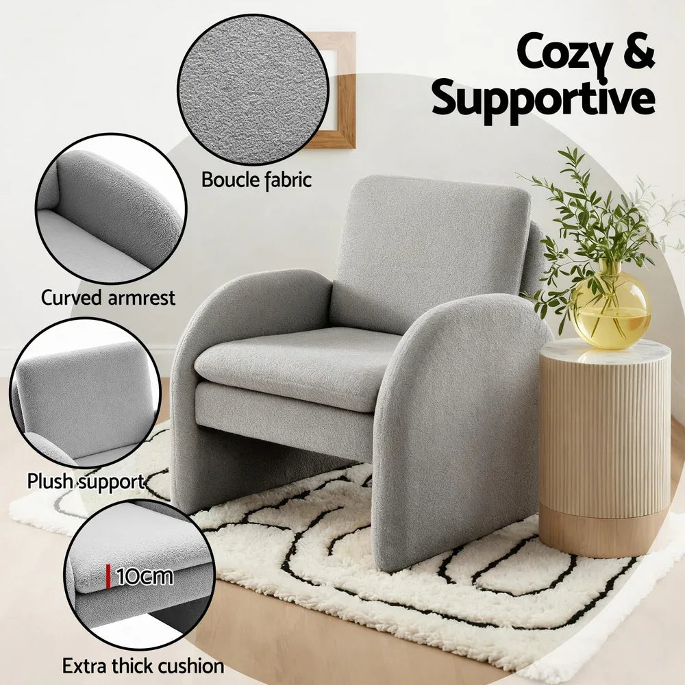 Artiss Armchair Accent Chair Lounge Tub Sofa Couch Curved Arm Seat Boucle Grey - Mekamart Australia