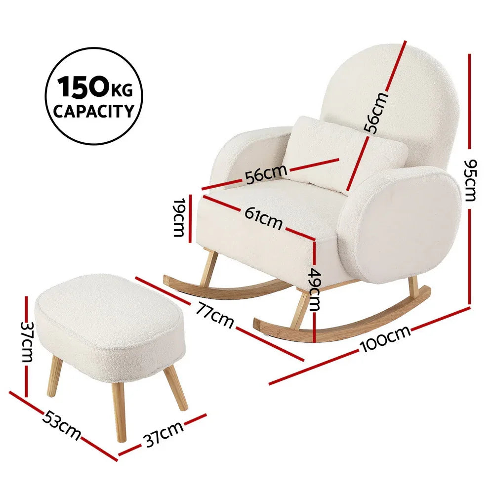 Artiss Armchair Rocking Chair Ottoman Lounge Footrest Round Nursing Boucle White - Mekamart Australia
