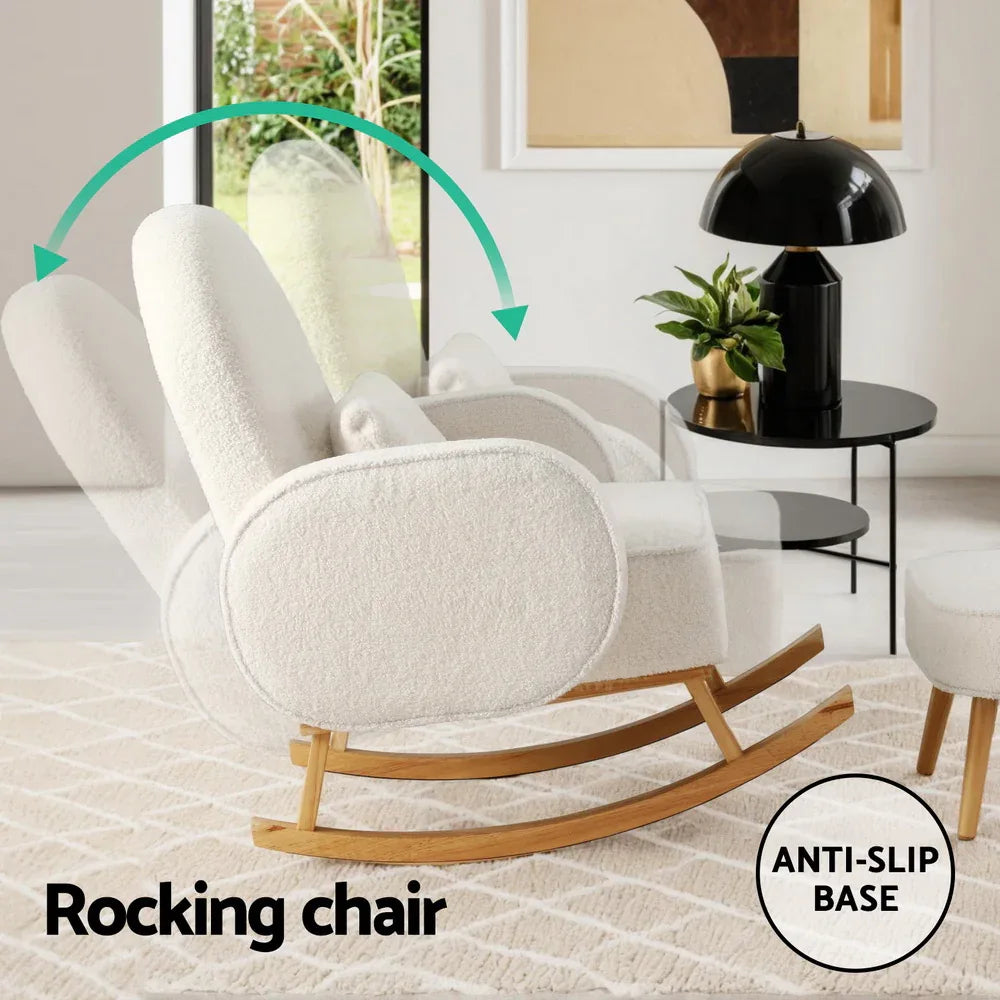 Artiss Armchair Rocking Chair Ottoman Lounge Footrest Round Nursing Boucle White - Mekamart Australia