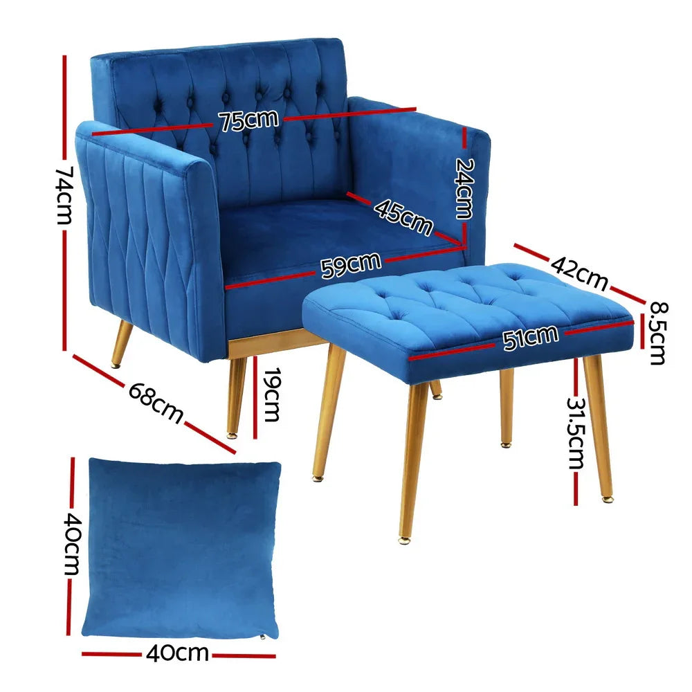 Artiss Armchair Ottoman Accent Chair Pillow Velvet Blue - Mekamart Australia